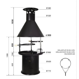 Savuhuuvallisen nuotiogrilli kotka3: sen mittakuvat