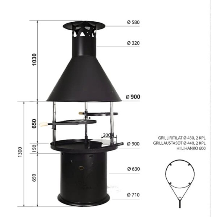 Savuhuuvallisen nuotiogrilli kotka3: sen mittakuvat