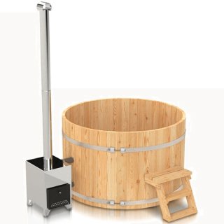 Puukylpytynnyri 4-12 henkilölle. Edullinen palju puusta. sivusta katsottuna