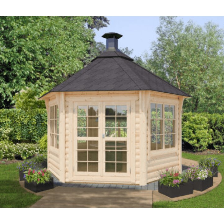 Tyylikäs huvimaja – sisältää grillin ja huuvan. Isot ikkunat ulos