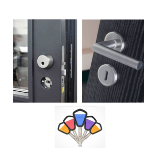 Abloy Lukkopesä, kahvat ja 3 avainta paketti valmiiksi asennettuna Päijänne-oviin.