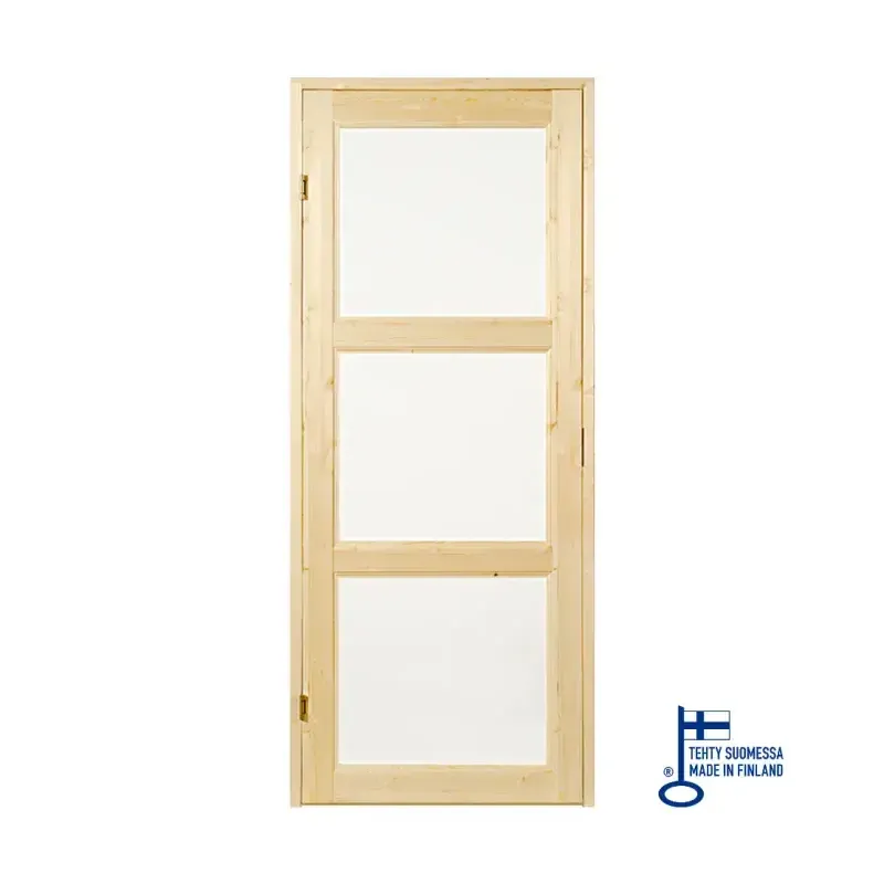 3-lasinen saunan ovi – puukehyksinen karkaistulla lasilla, mänty tai lehtipuu