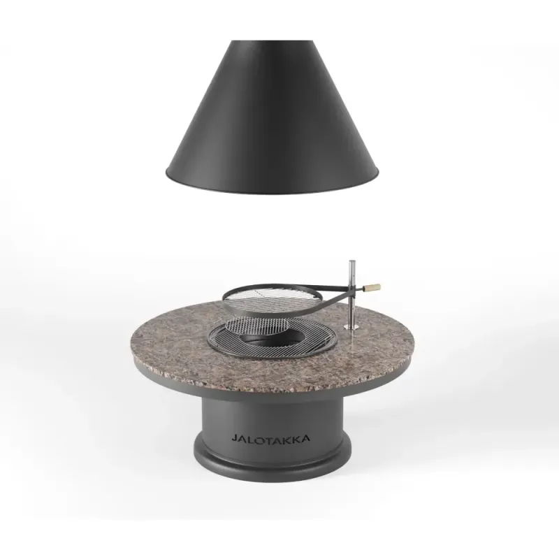 Apetit-Pöytägrilli JTG/3 graniittitasolla ja huuvalla etupuolelta kuvattuna