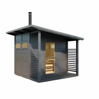 Pihasauna Luotsi terassilla tummanharmaaksi maalattuna