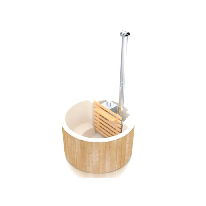 Valkoinen lasikuitupalju, puuvuorauksella. Sisäkamiina