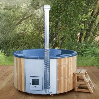 Pyöreä kylpytynnyri integroidulla kamiinalla, 1100 litraa, savupiipulla ja sisäisellä kamiinalla