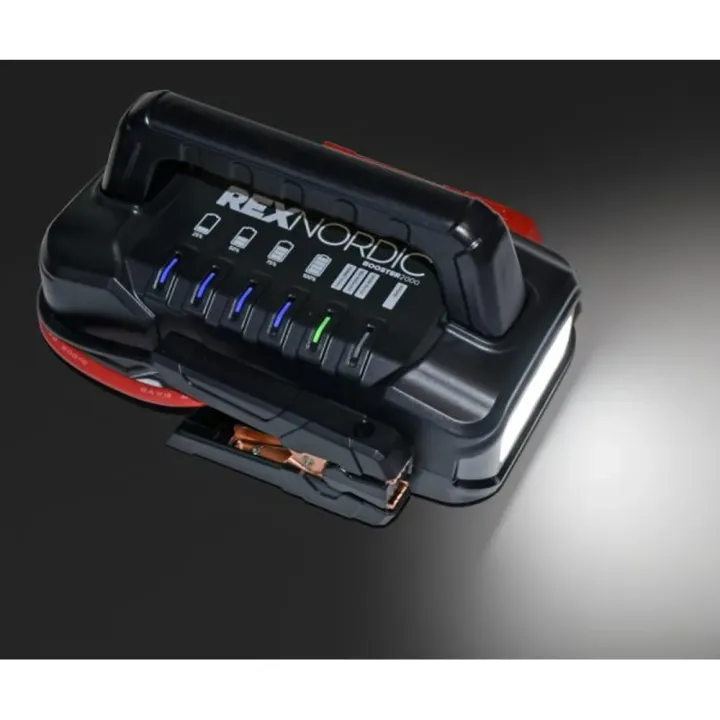 Rex Nordic Booster 2000 apukäynnistin LED‑työvalolla pimeässä