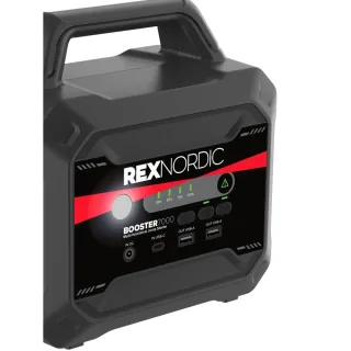 Rex Nordic Booster 7000 apukäynnistimen ohjauspaneeli ja liitännät – LED‑valo ja USB‑portit